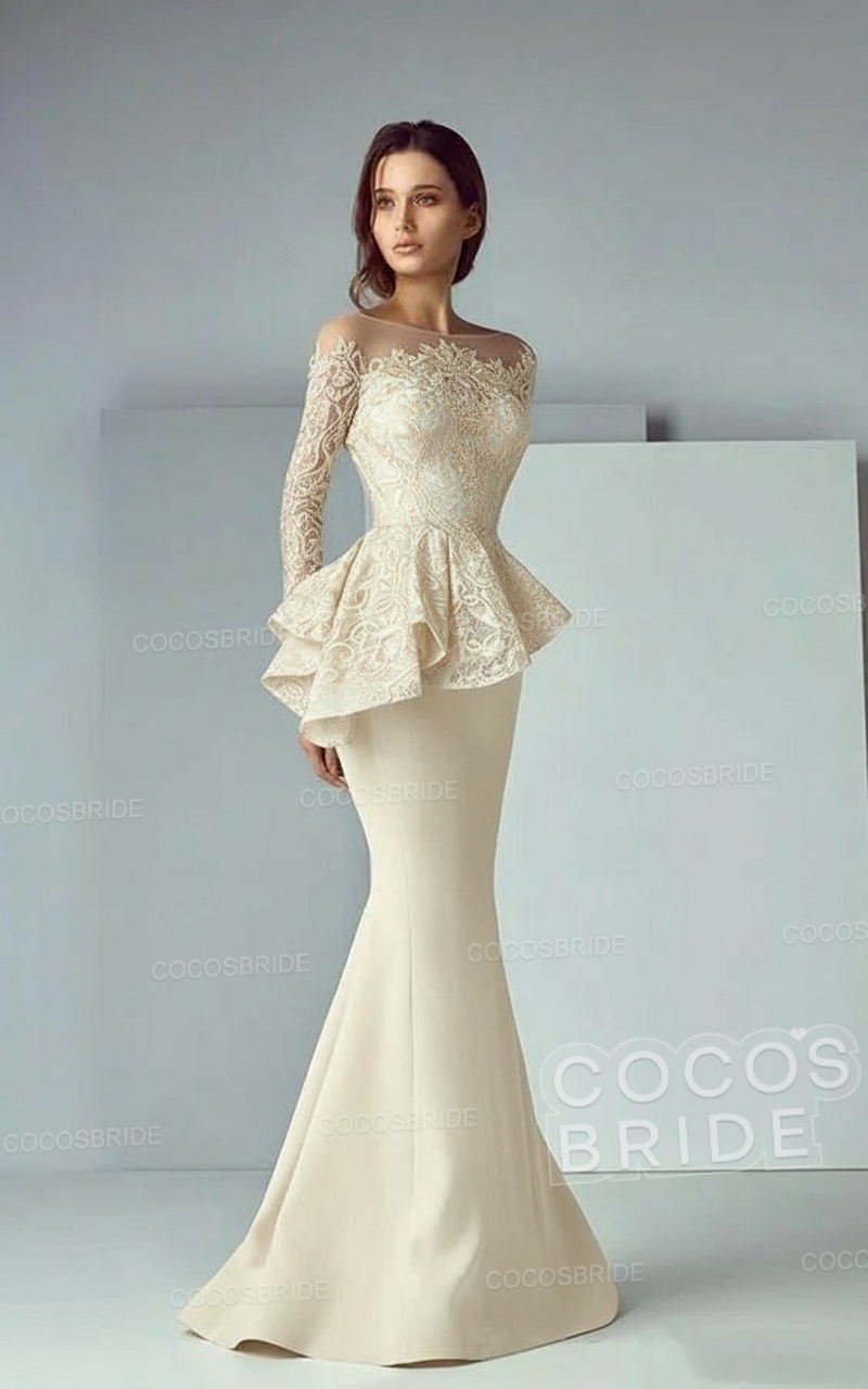 Modest Long Mermaid Lace Satin Formal Prom Dresses with Sleeves