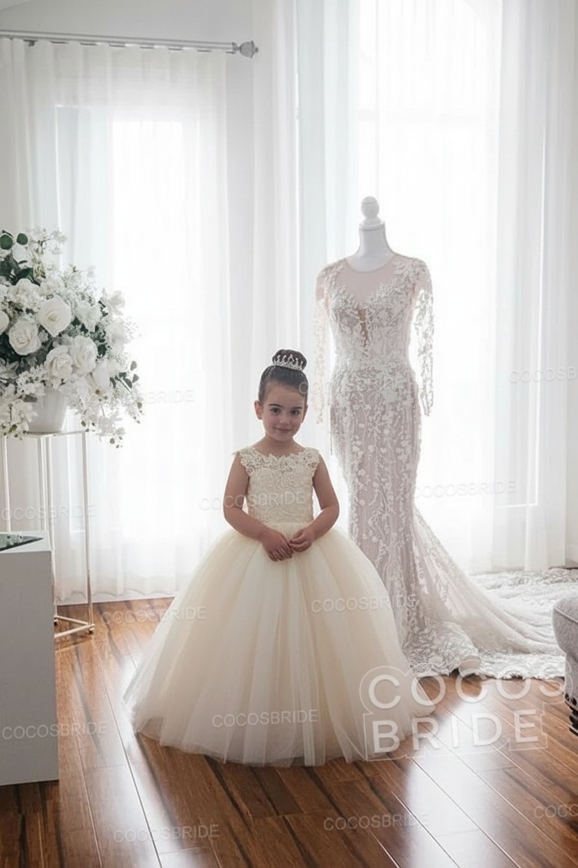 Cute Tulle Ivory Sleeveless Ball Gown Flower Girl Dresses