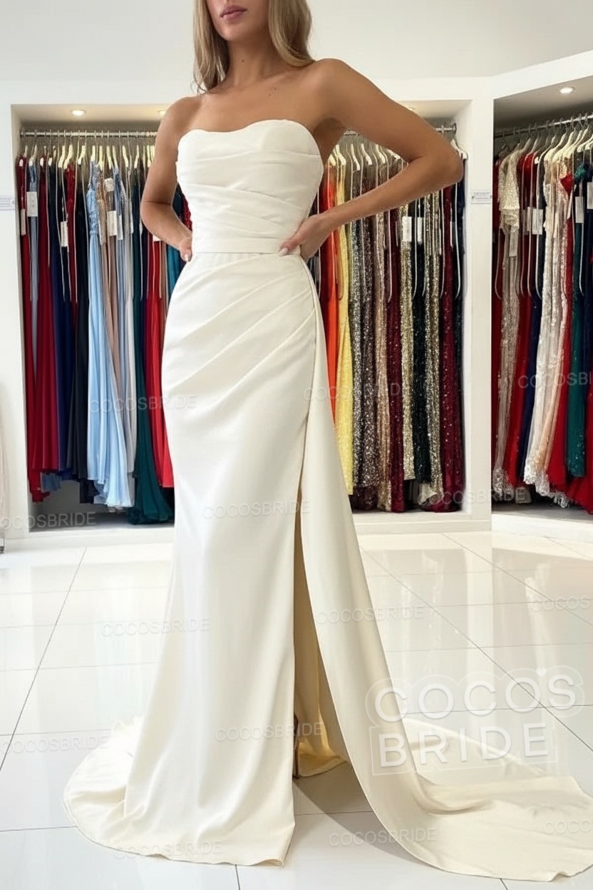 Long Mermaid Strapless Satin Prom Dress with Slit