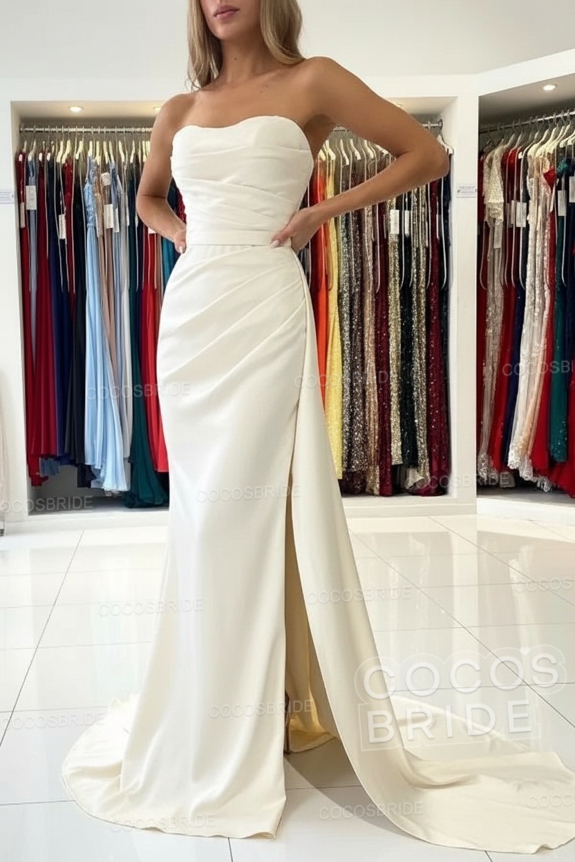 Long Mermaid Strapless Satin Prom Dress with Slit
