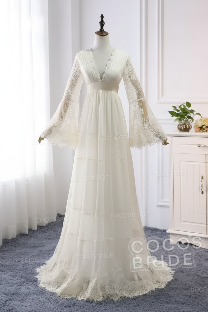 Elegant Long Sleeves A-line V-Neck Tulle Wedding Dresses