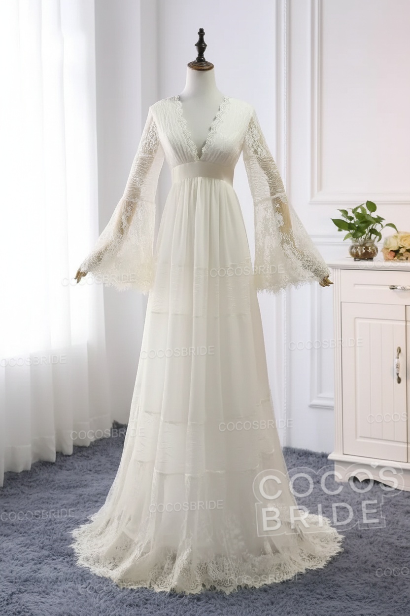 Elegant Long Sleeves A-line V-Neck Tulle Wedding Dresses