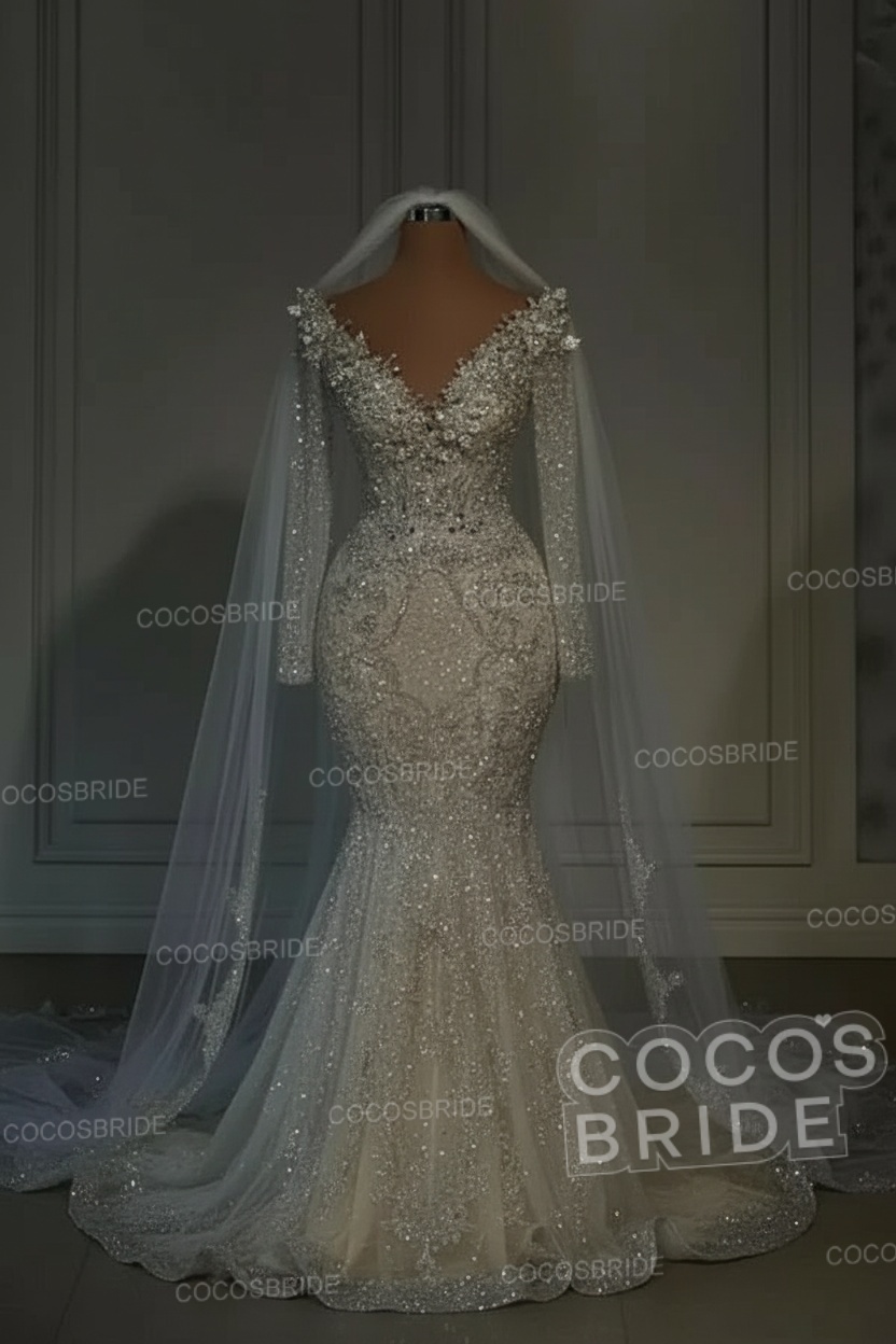 Luxury Long Mermaid Sweetheart Sequined Wedding Dresses with Sleeves
