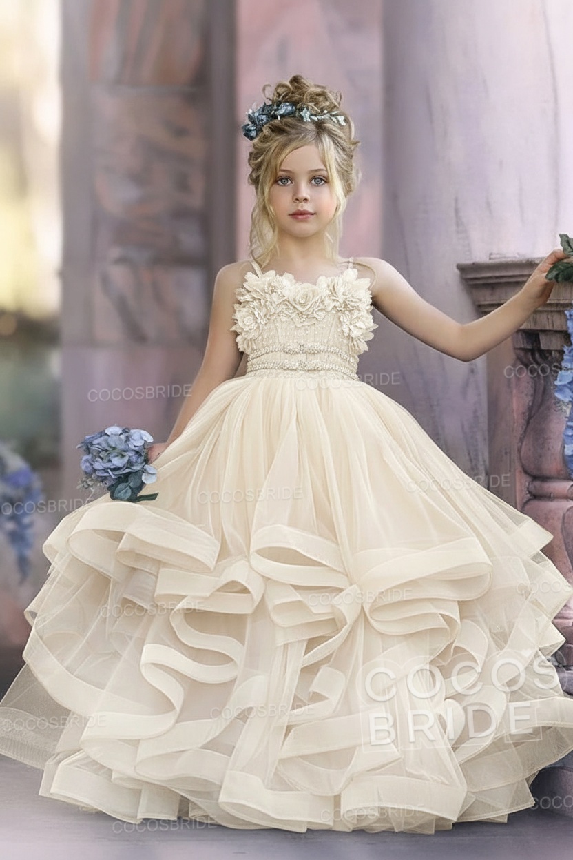 Cute Dusty Blue Long Spaghetti Straps Strapless Tulle Princess Flower Girl Dresses