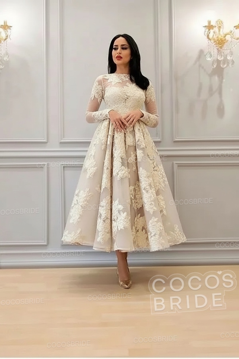 Elegant Short A-line High Neck Lace Ankle Length Formal Evening Dress with Sleeves