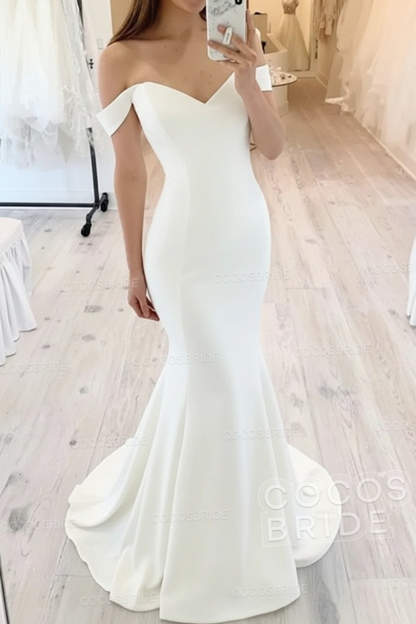 Long Mermaid Off the Shoulder Floor Length Satin White Wedding Dresses