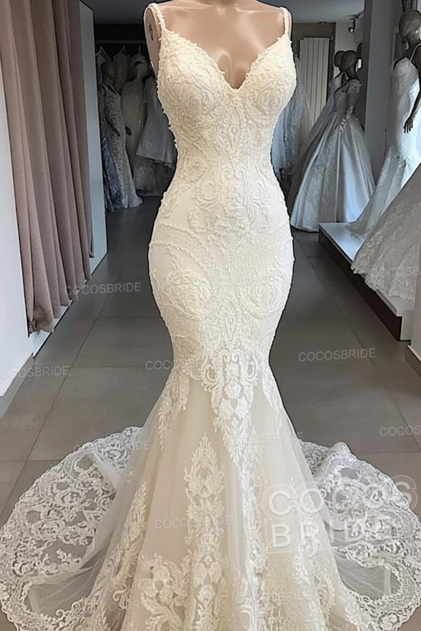 Elegant Long Sweetheart Open Back Appliques Lace Tulle Mermaid Wedding Dress
