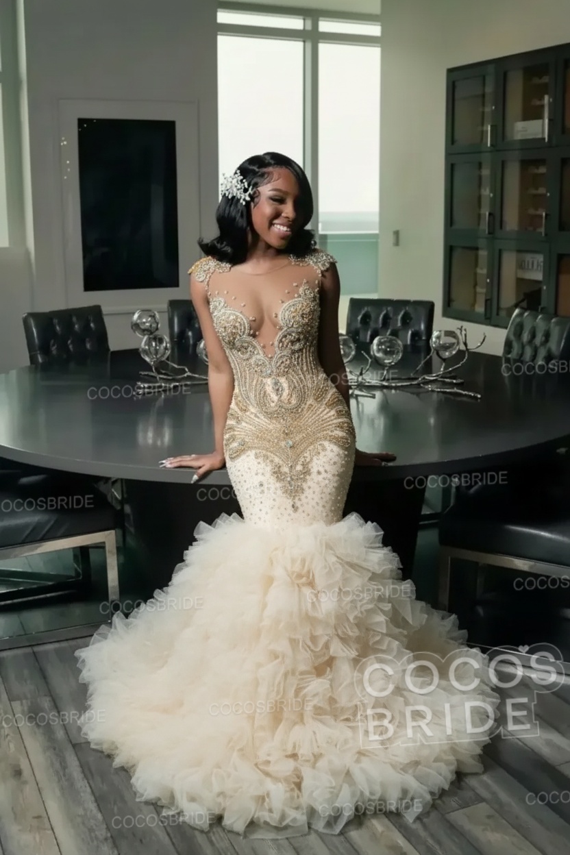 Elegant Long Mermaid Deep V-neck Ruffles Beaded Prom Dress