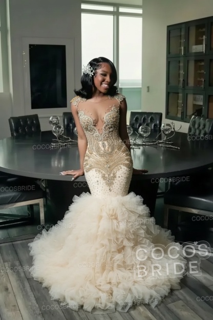 Elegant Long Mermaid Deep V-neck Ruffles Beaded Prom Dress