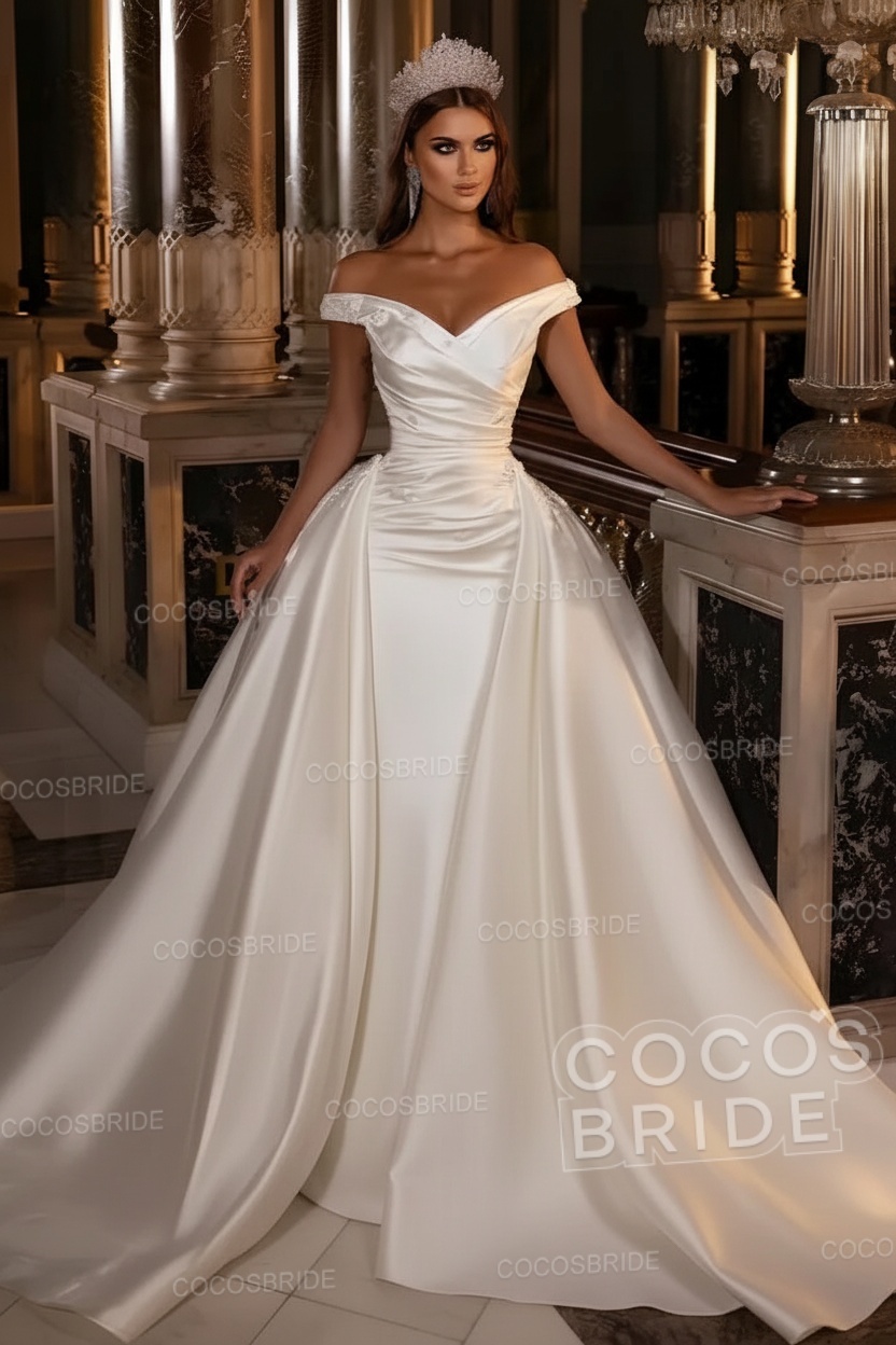 Gorgeous Long Mermaid Off the Shoulder Satin Wedding Dress