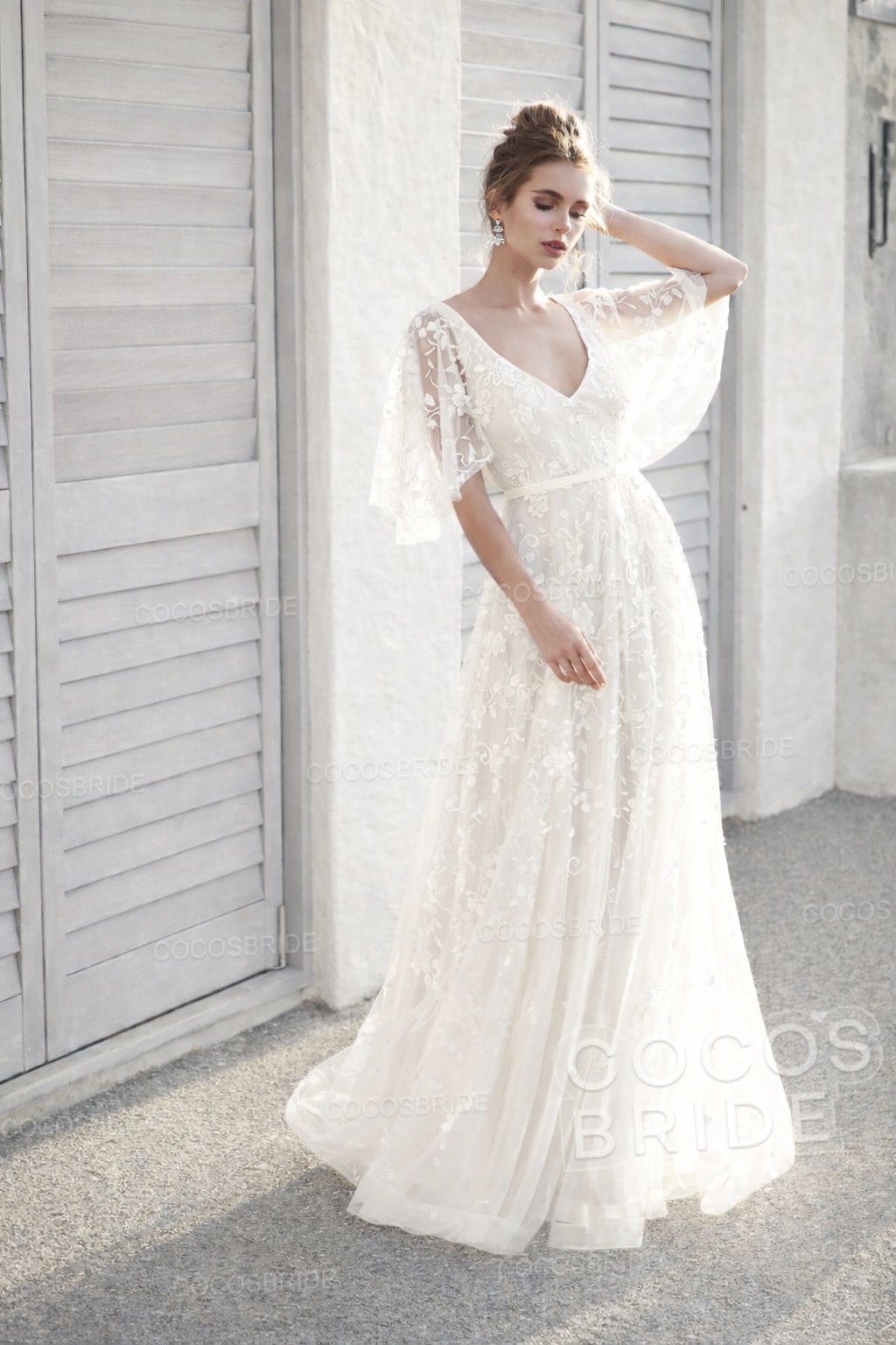 Long A-line V Neck Half Sleeves Lace Backless Boho Wedding Dresses