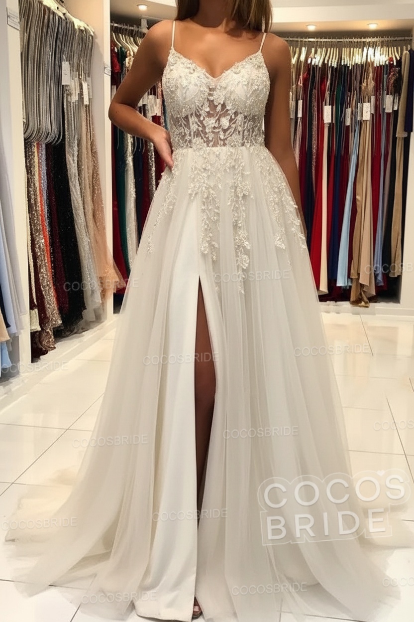 Long A-line V-neck Spaghetti Straps Open Back Prom Dress with Slit