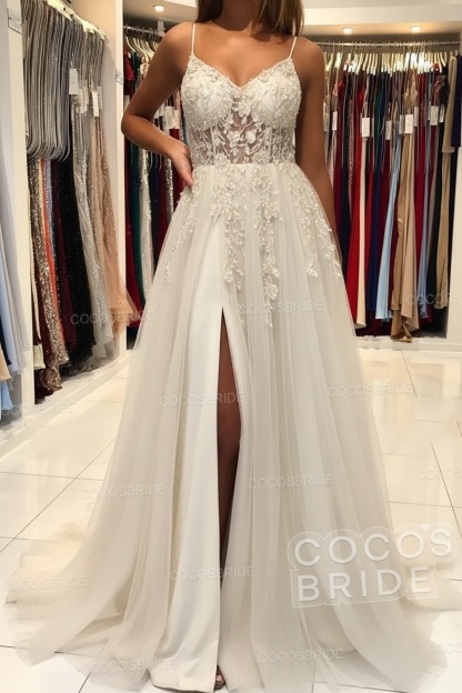 Long A-line V-neck Spaghetti Straps Open Back Prom Dress with Slit