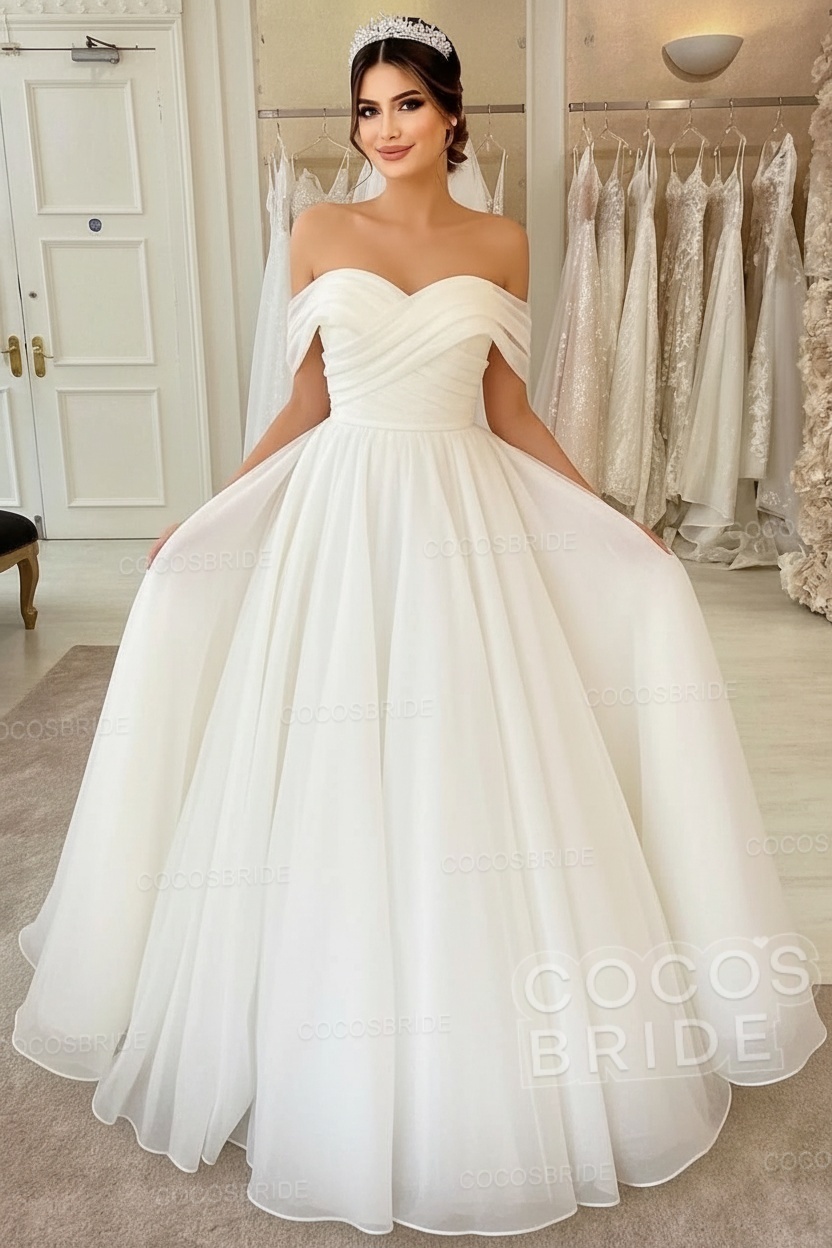 Long A-line off the Shoulder White Wedding Dress