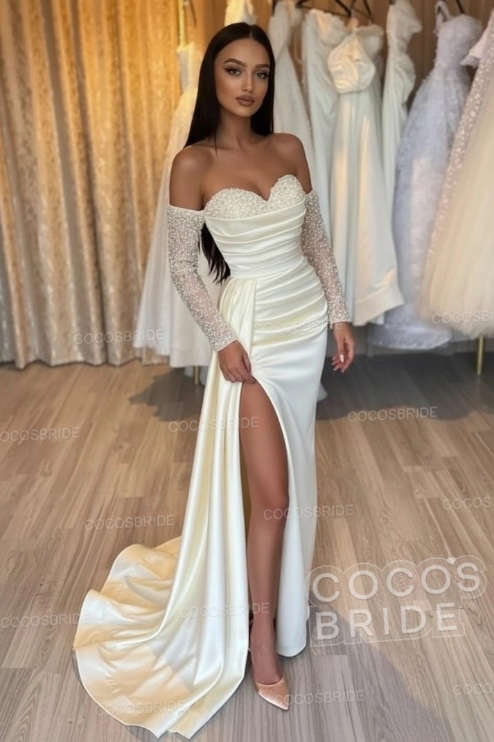Long Mermaid Off the Shoulder Satin Front Slit Prom Dresses with Sleeves