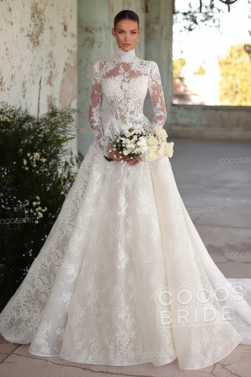 Long Sleeve High Neck A-Line Tulle Wedding Dress with Lace Applique