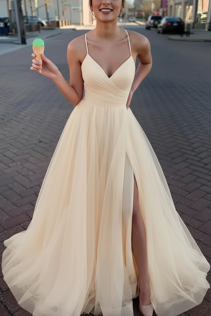 Long Spaghetti Straps V-neck A-Line Tulle Prom Dress With Side Slit