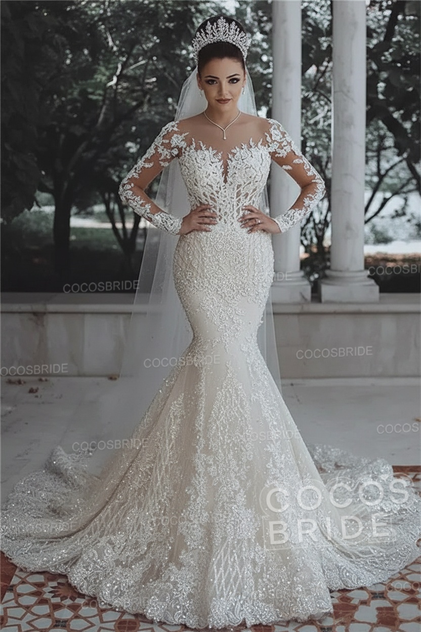 Luxury Long Beaded Lace Mermaid Sheer Tulle Wedding Dresses with Sleeves