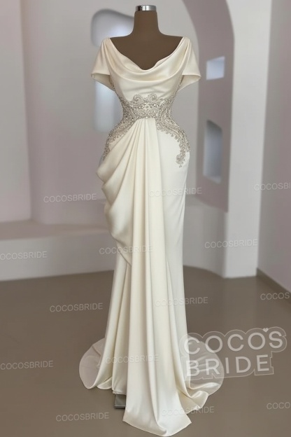 Mermaid Cowl Neck Satin Long Prom Dresses with Short Sleeves