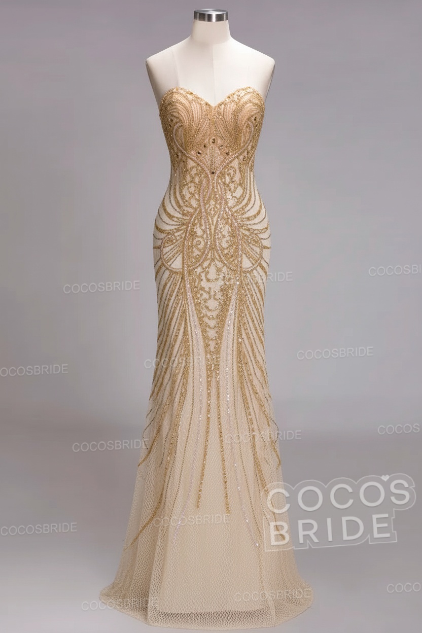 Mermaid Strapless Sweetheart Long Sequined Formal Evening Dresses with Beads