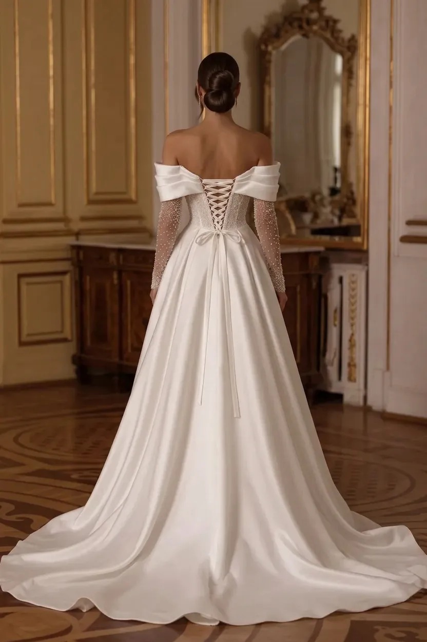 Ivory Off-Shoulder Sweetheart Satin Wedding Dress with High Slit