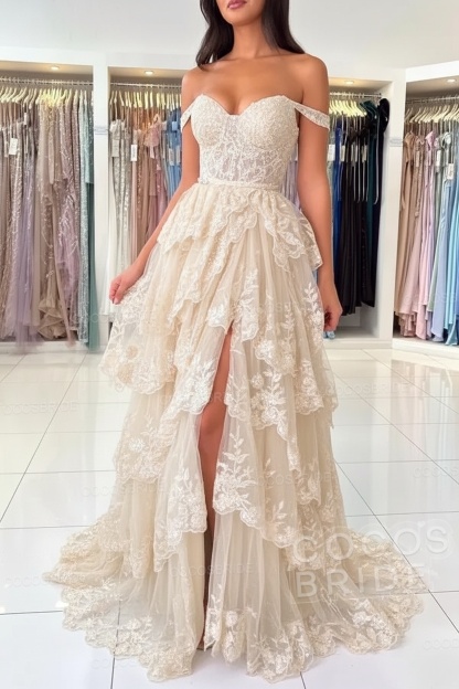 Off The Shoulder Sweetheart Lace A-Line Long Prom Dress with Slit