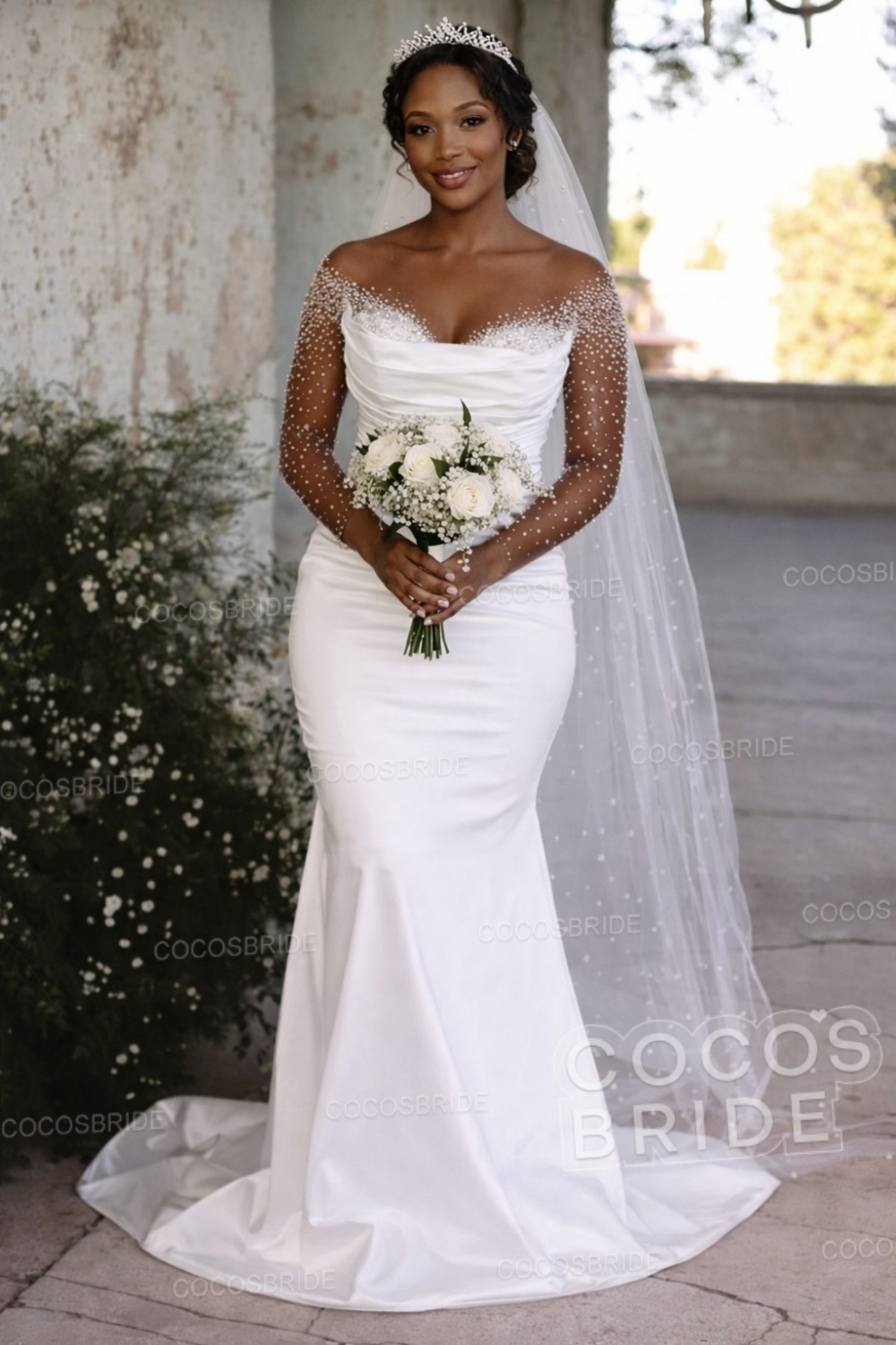 Off-the-Shoulder Long Mermaid Wedding Dresses with Beaded