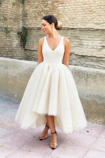 Simple Black V-neck Sleeveless Asymmetrical A-Line Prom Dresses