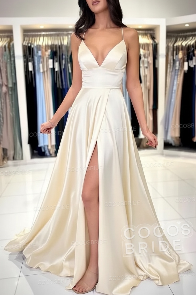 Simple Long A-line V-neck Satin Backless Formal Prom Dresses with Slit
