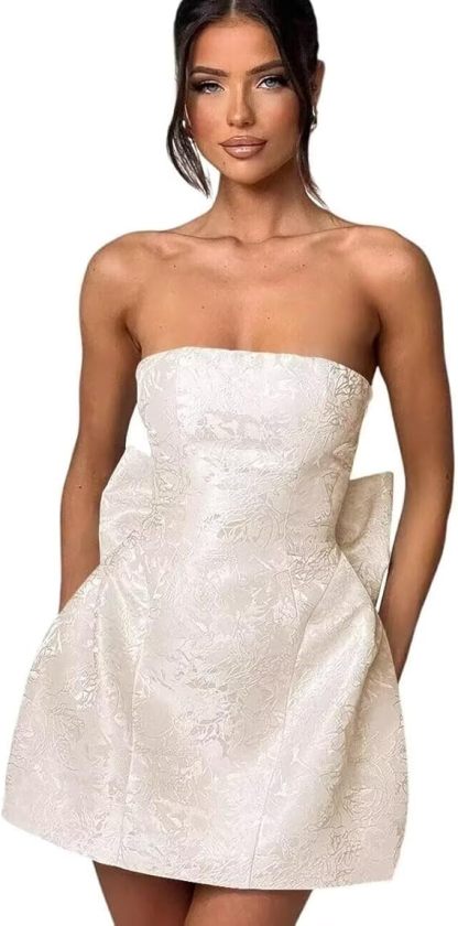 Strapless Short Ball Gown Sleeveless Lace up Jacquard Satin Homecoming Dress with Bow - CoCosBride