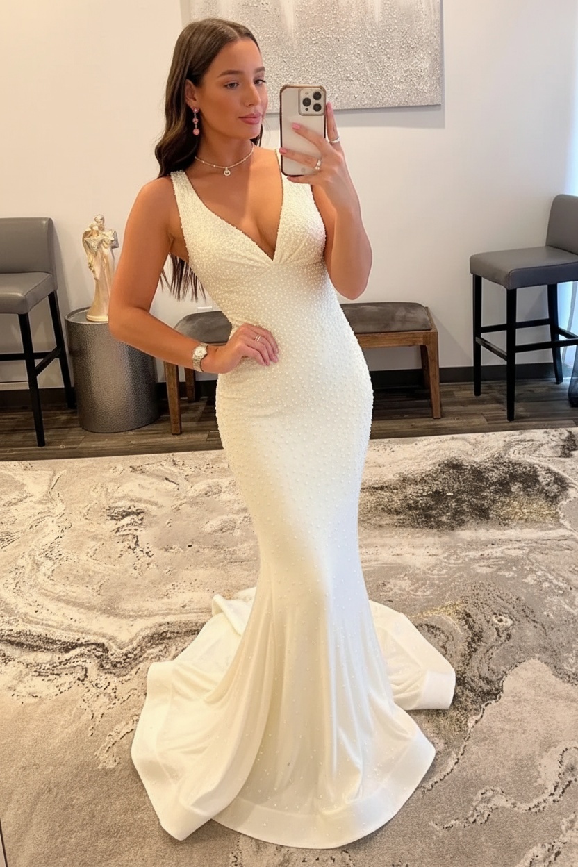 Orange Long Mermaid V neck Sequin Backless Prom Dress