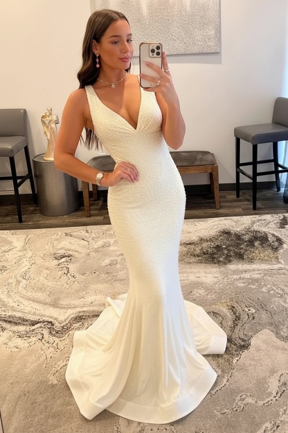 Orange Long Mermaid V neck Sequin Backless Prom Dress