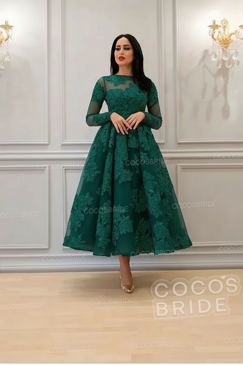 Elegant Short A-line High Neck Lace Ankle Length Formal Evening Dress with Sleeves