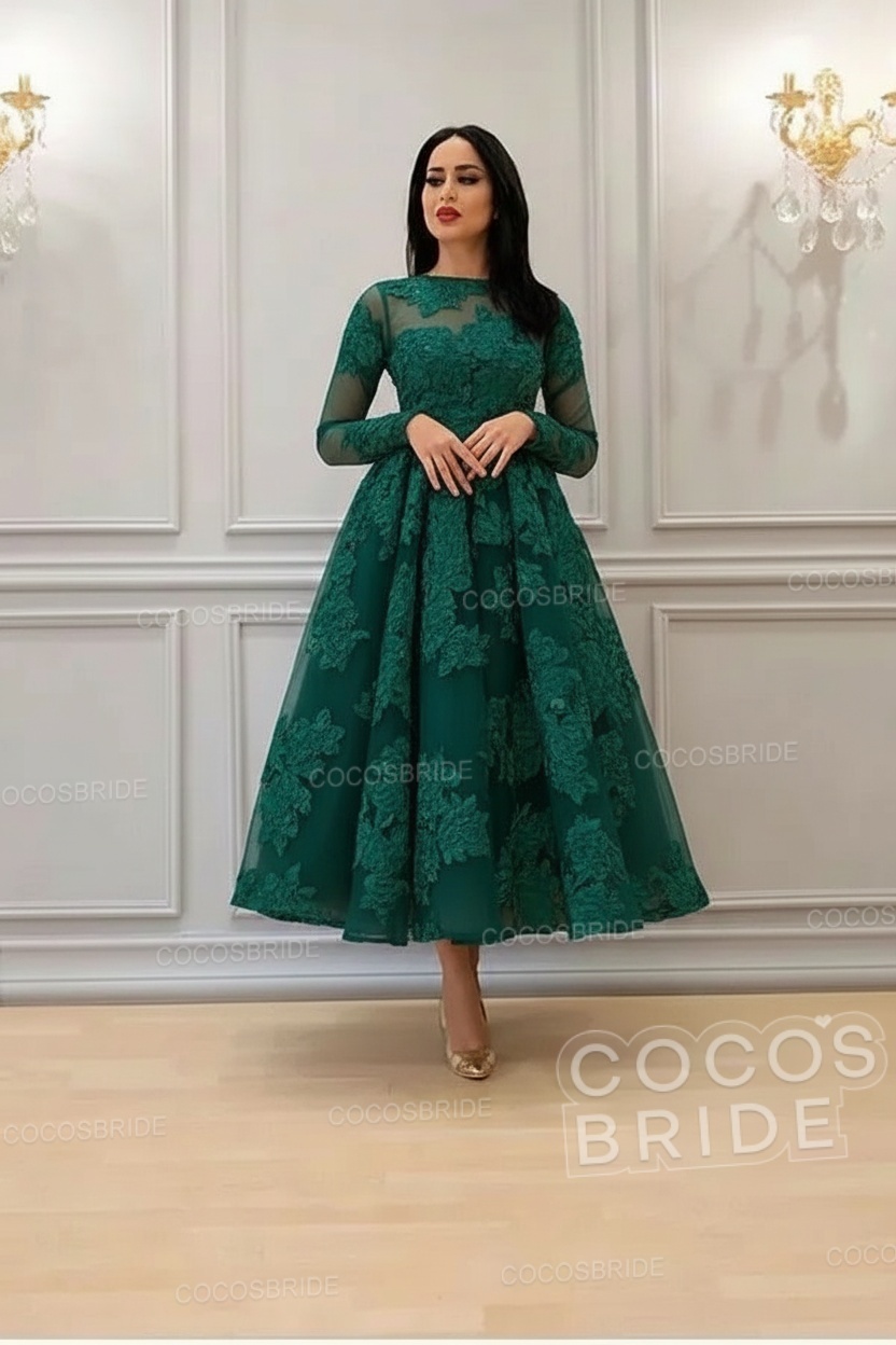 Elegant Short A-line High Neck Lace Ankle Length Formal Evening Dress with Sleeves