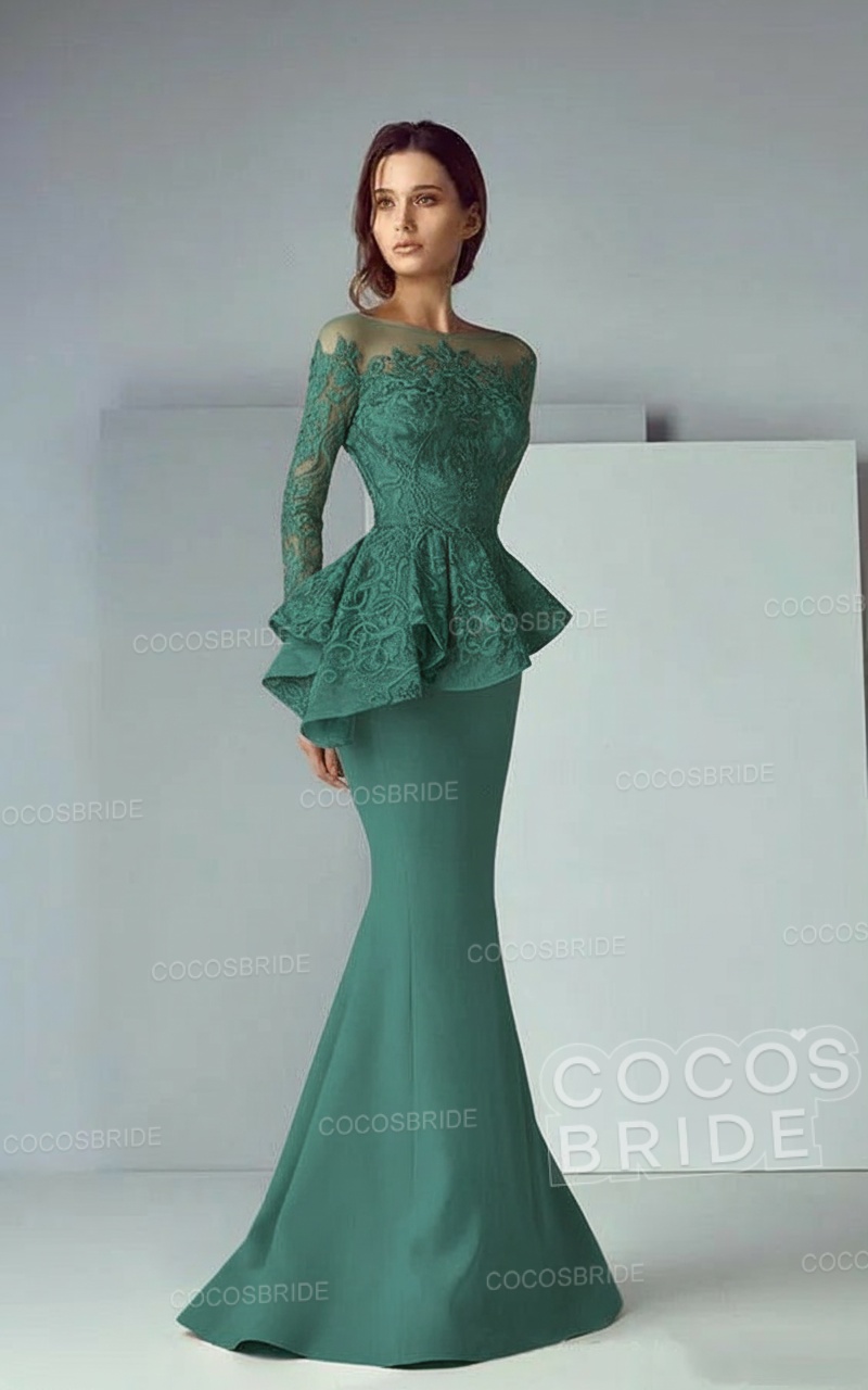 Modest Long Mermaid Lace Satin Formal Prom Dresses with Sleeves