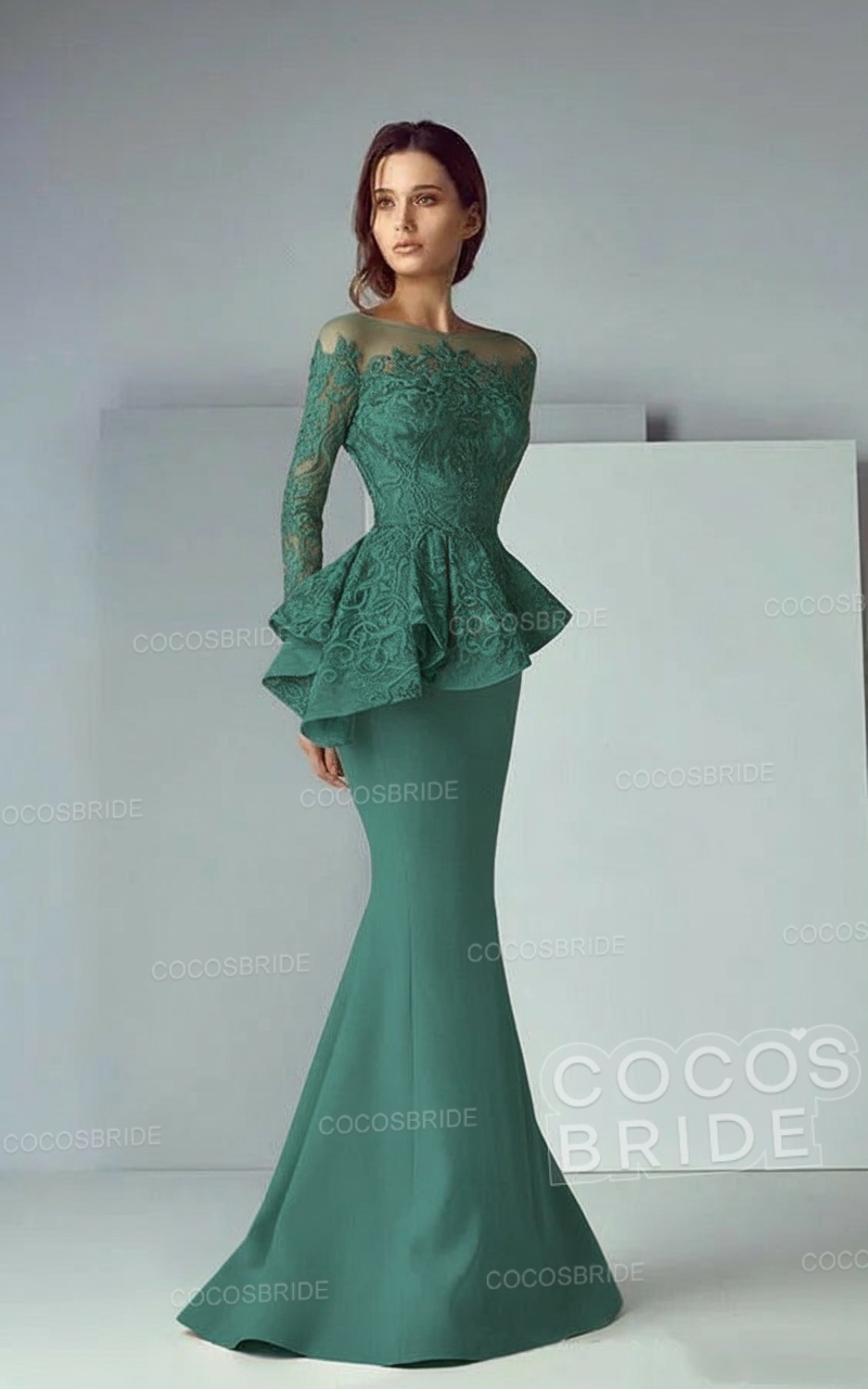 Modest Long Mermaid Lace Satin Formal Prom Dresses with Sleeves