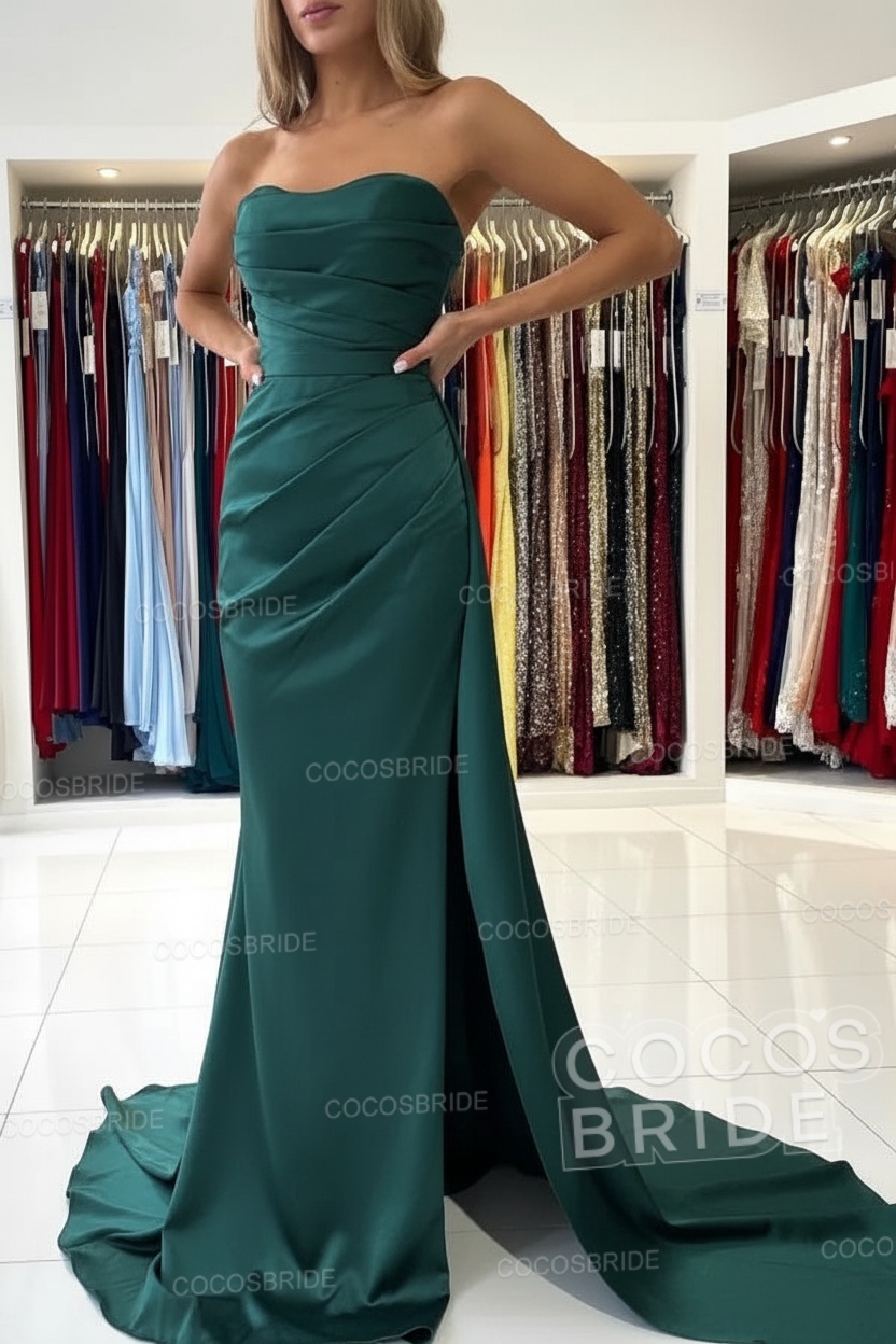 Long Mermaid Strapless Satin Prom Dress with Slit