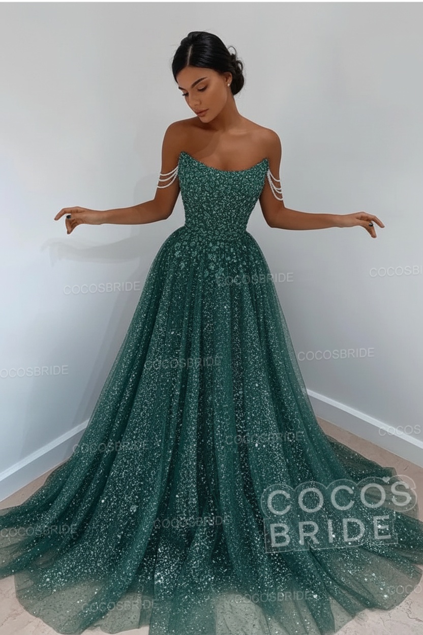 Long A-line Sparkly Sleeveless Sequined Formal Prom Dress