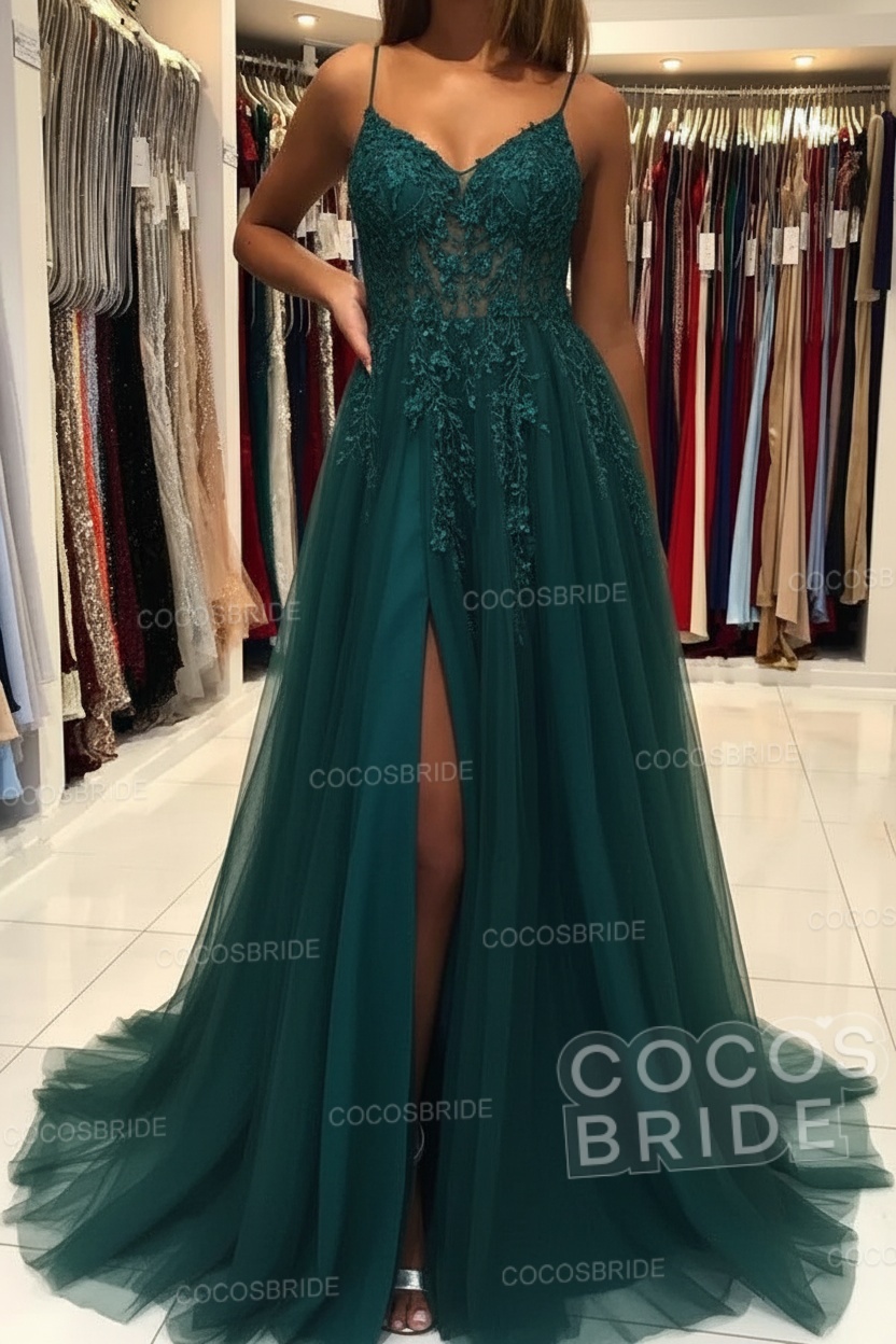 Long A-line V-neck Spaghetti Straps Open Back Prom Dress with Slit