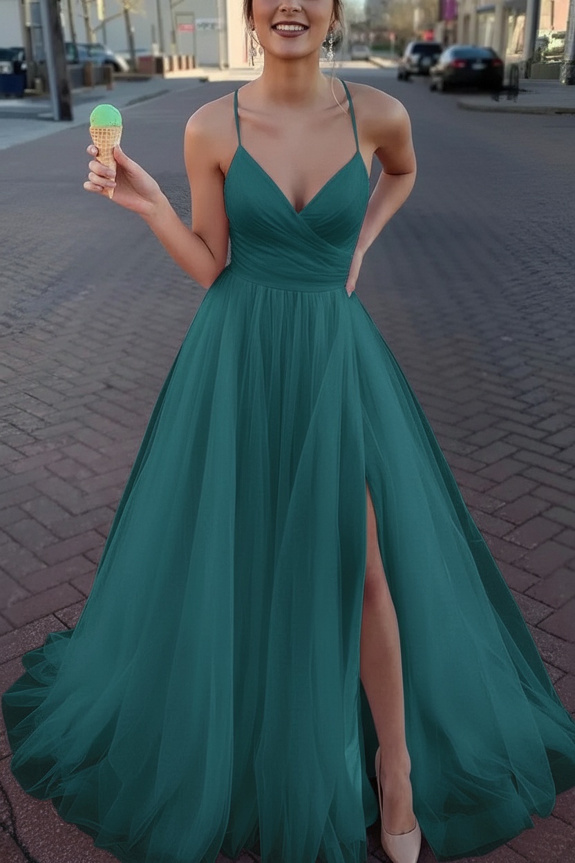 Long Spaghetti Straps V-neck A-Line Tulle Prom Dress With Side Slit