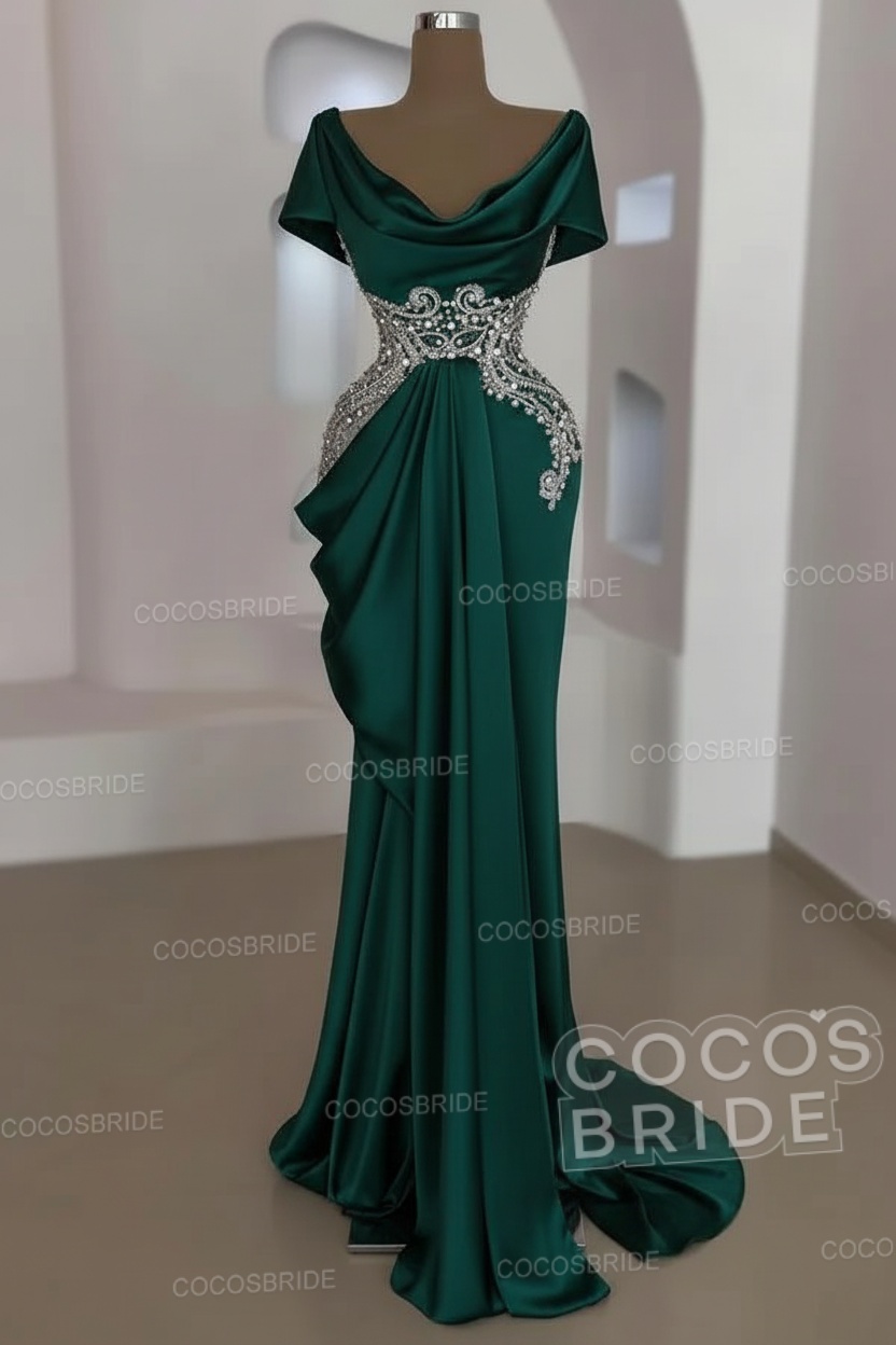 Mermaid Cowl Neck Satin Long Prom Dresses with Short Sleeves