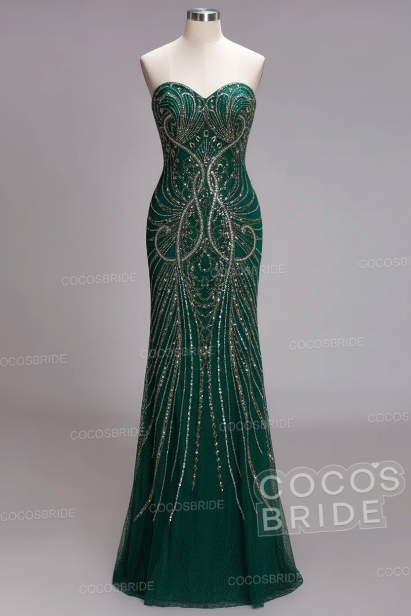 Mermaid Strapless Sweetheart Long Sequined Formal Evening Dresses with Beads