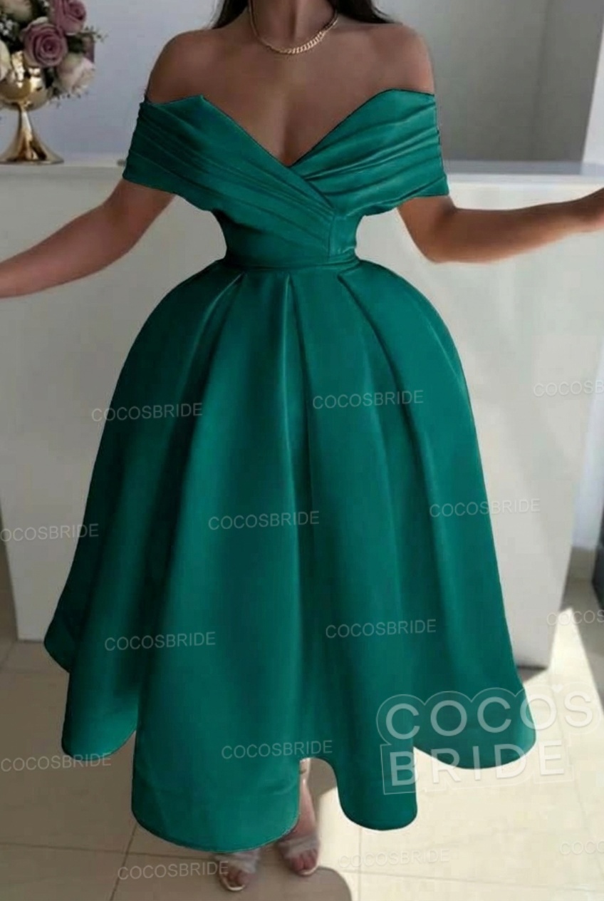 Off the Shoulder A-Line Satin Prom Dress with Pleated