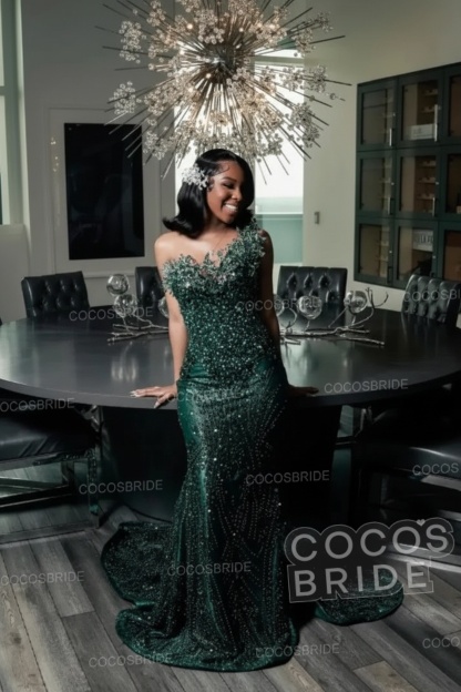 One Shoulder Sleeveless Mermaid Prom Dress with Beaded