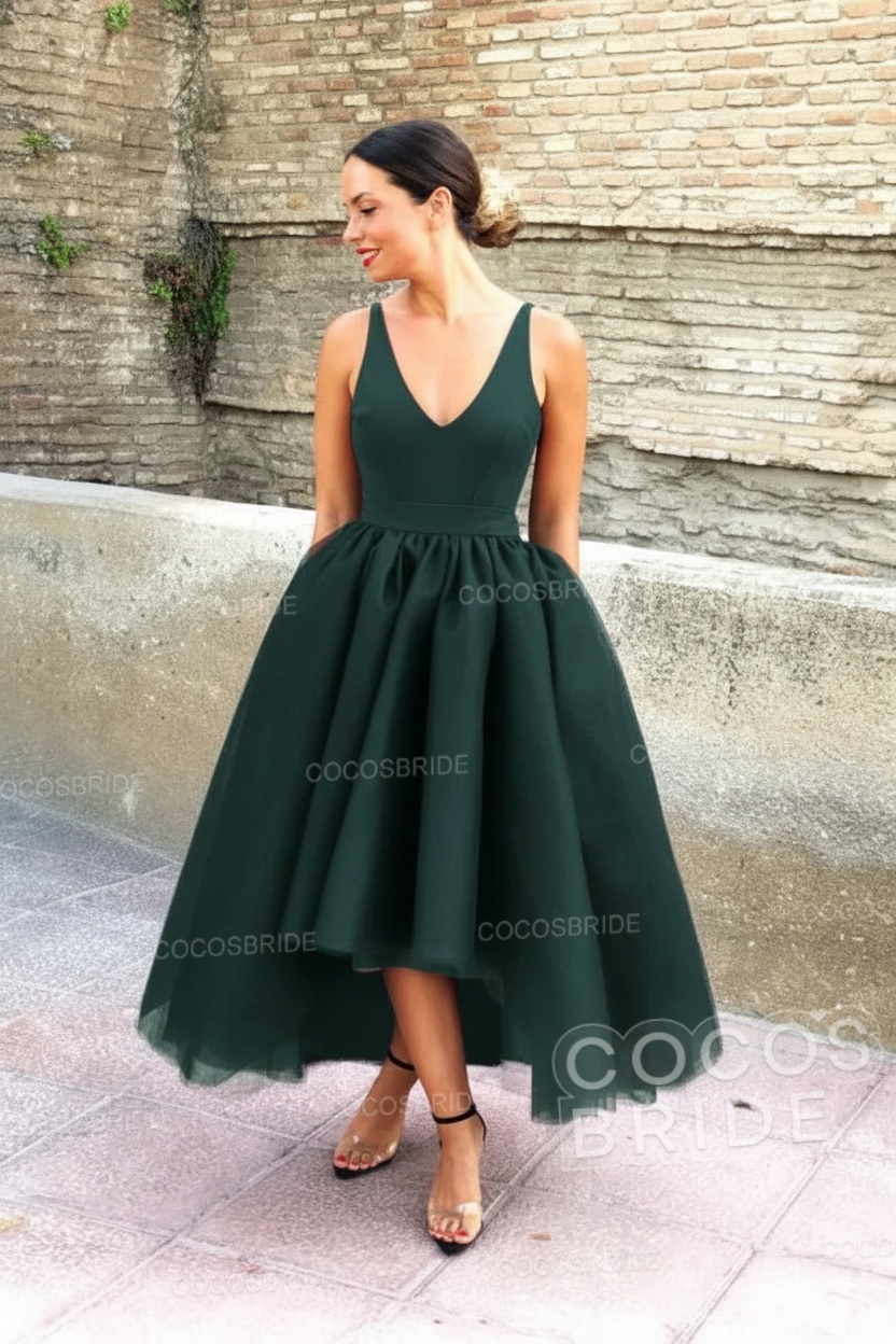 Simple Black V-neck Sleeveless Asymmetrical A-Line Prom Dresses