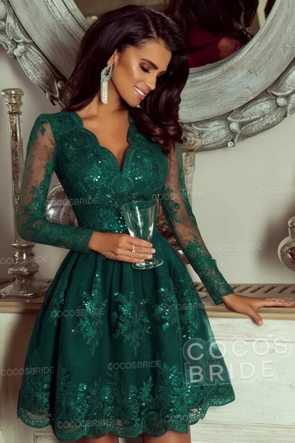 Elegant Short A-line V-neck Tulle Lace Homecoming Dresses with Sleeves