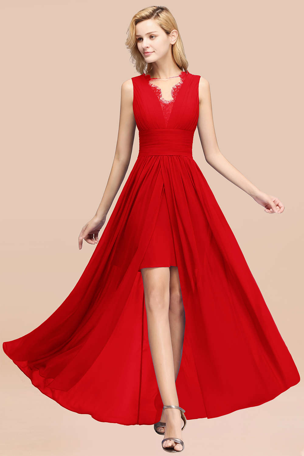 Lace Chiffon Jewel Sleeveless Ruffles Short Bridesmaid Dress