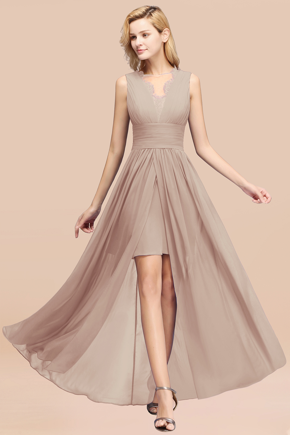 Lace Chiffon Jewel Sleeveless Ruffles Short Bridesmaid Dress