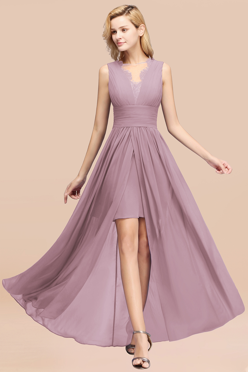 Lace Chiffon Jewel Sleeveless Ruffles Short Bridesmaid Dress