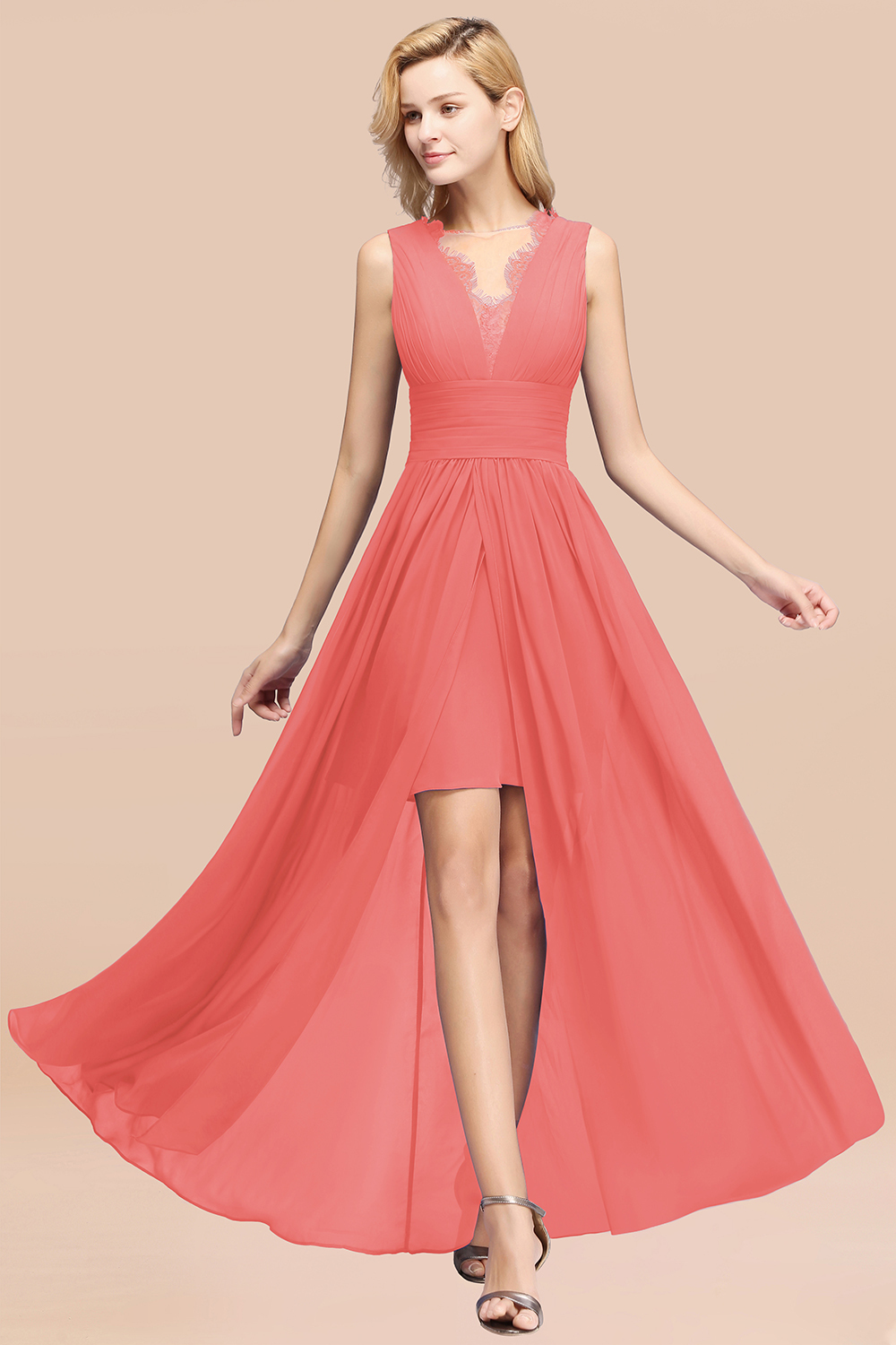 Lace Chiffon Jewel Sleeveless Ruffles Short Bridesmaid Dress